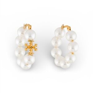 Tory Burch Gold and White Pearl Hoop Earrings